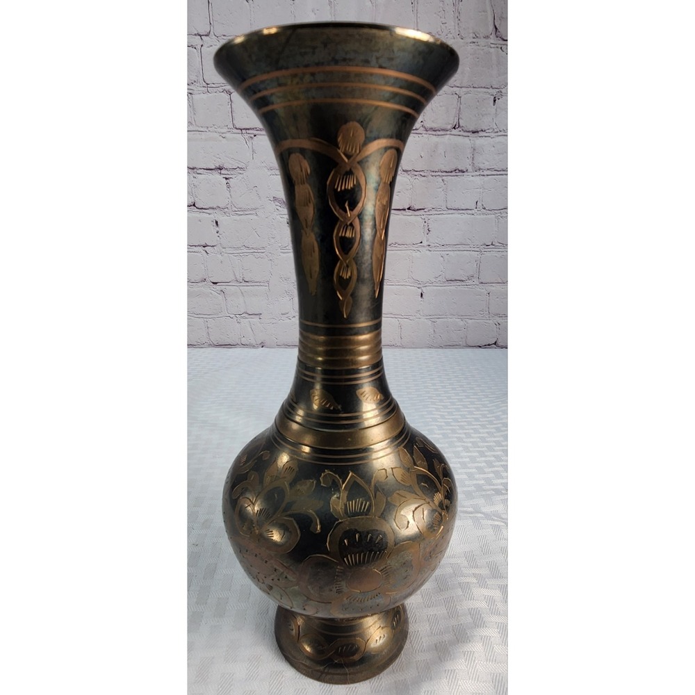 Vintage Floral Vase Black-Solid Brass Etched 10"Engraved Art Decor